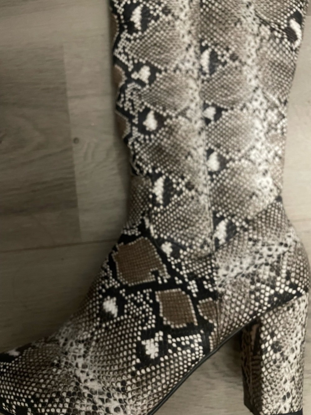 Snake Print Block Heel Boots - Taupe, Black, Cream